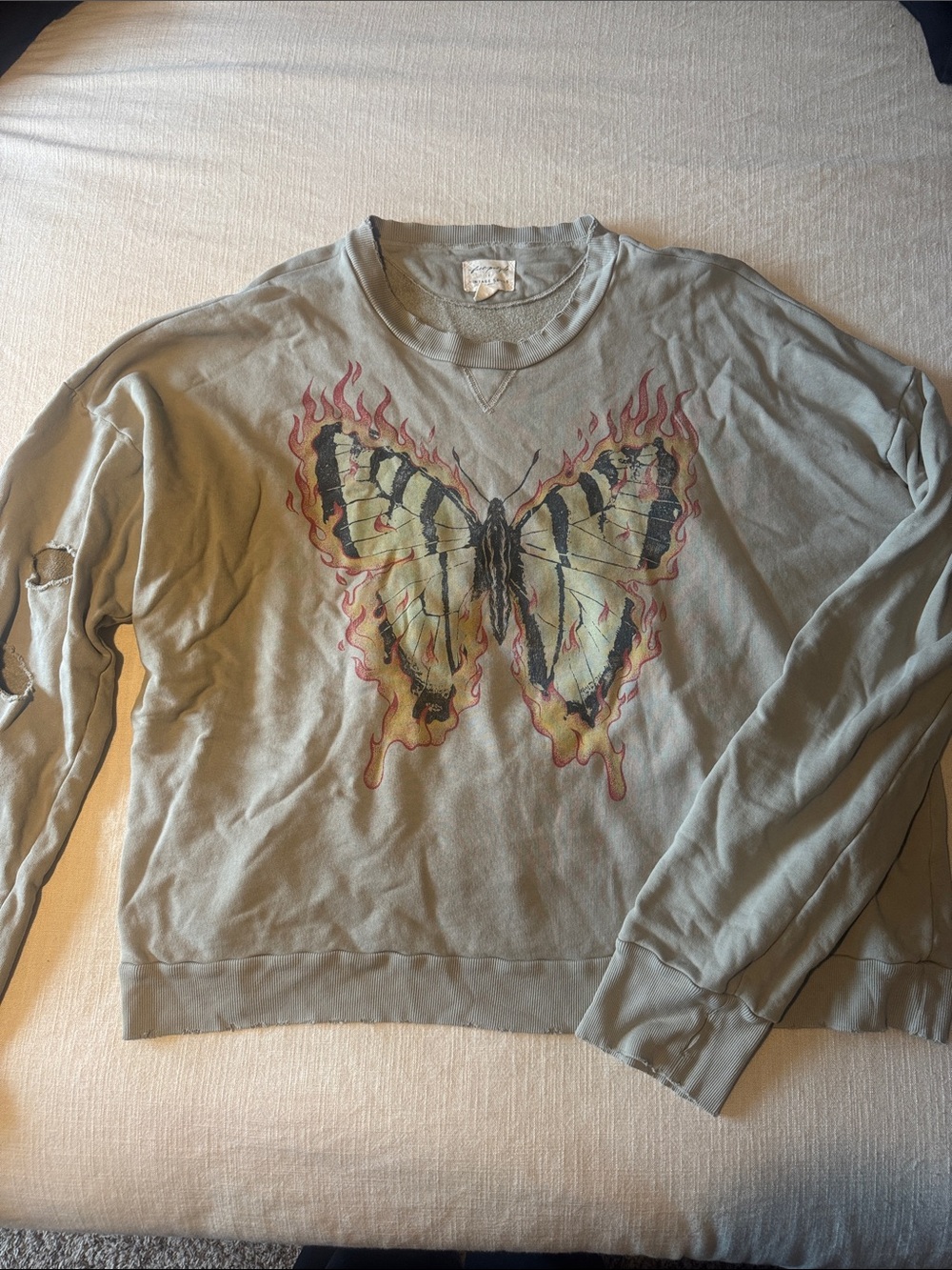 Free People Crewneck Sweatshirt with Butterfly Graphic in Olive Green and Yellow